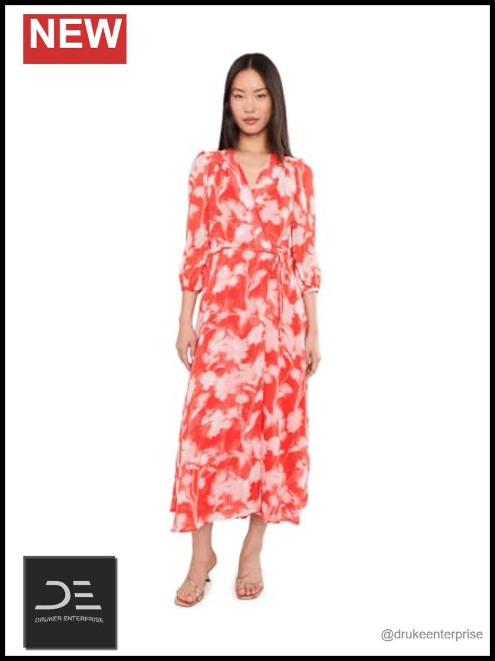 Calvin Klein Chiffon Midi Dress V-Neck Self Tie Casual